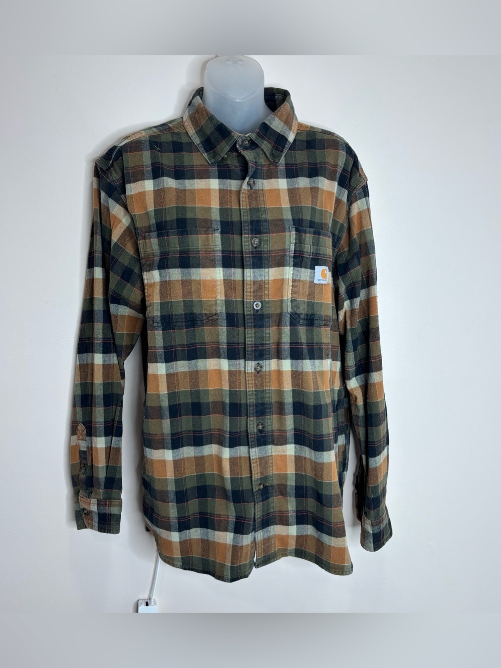 Carhartt Rugged Flex Large Orange Green Brown Plaid Flannel Button Down Shirt